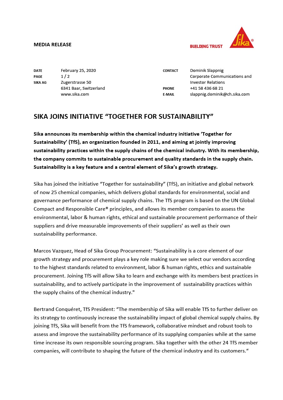 Sika Joins Initiative "Together for Sustainability" - February 2020