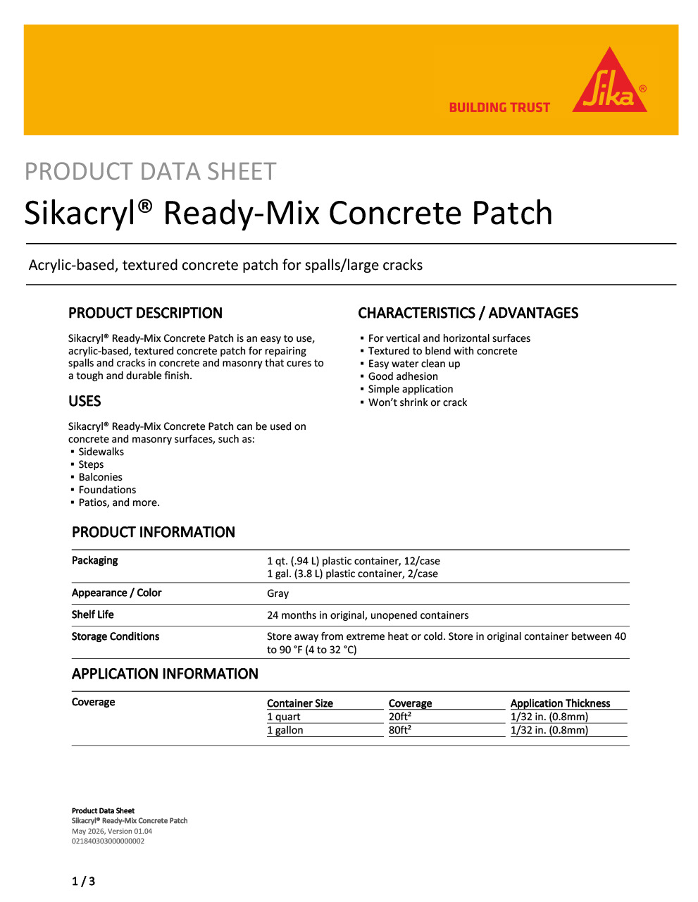 Sikacryl Ready-Mix Concrete Patch